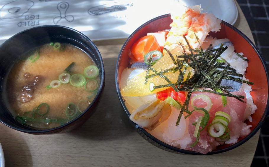 Kaisendon (seafood bowl) and miso soup